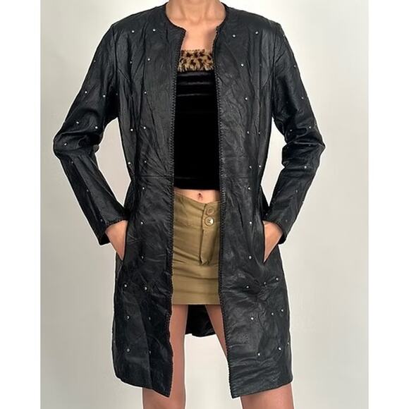 Pamela McCoy Black Genuine Leather & Stud Detailing Smart Long Leather Jacket - Picture 1 of 7
